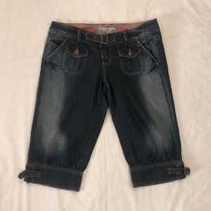 denim capri y2k 2000s dark shorts with built in belt
